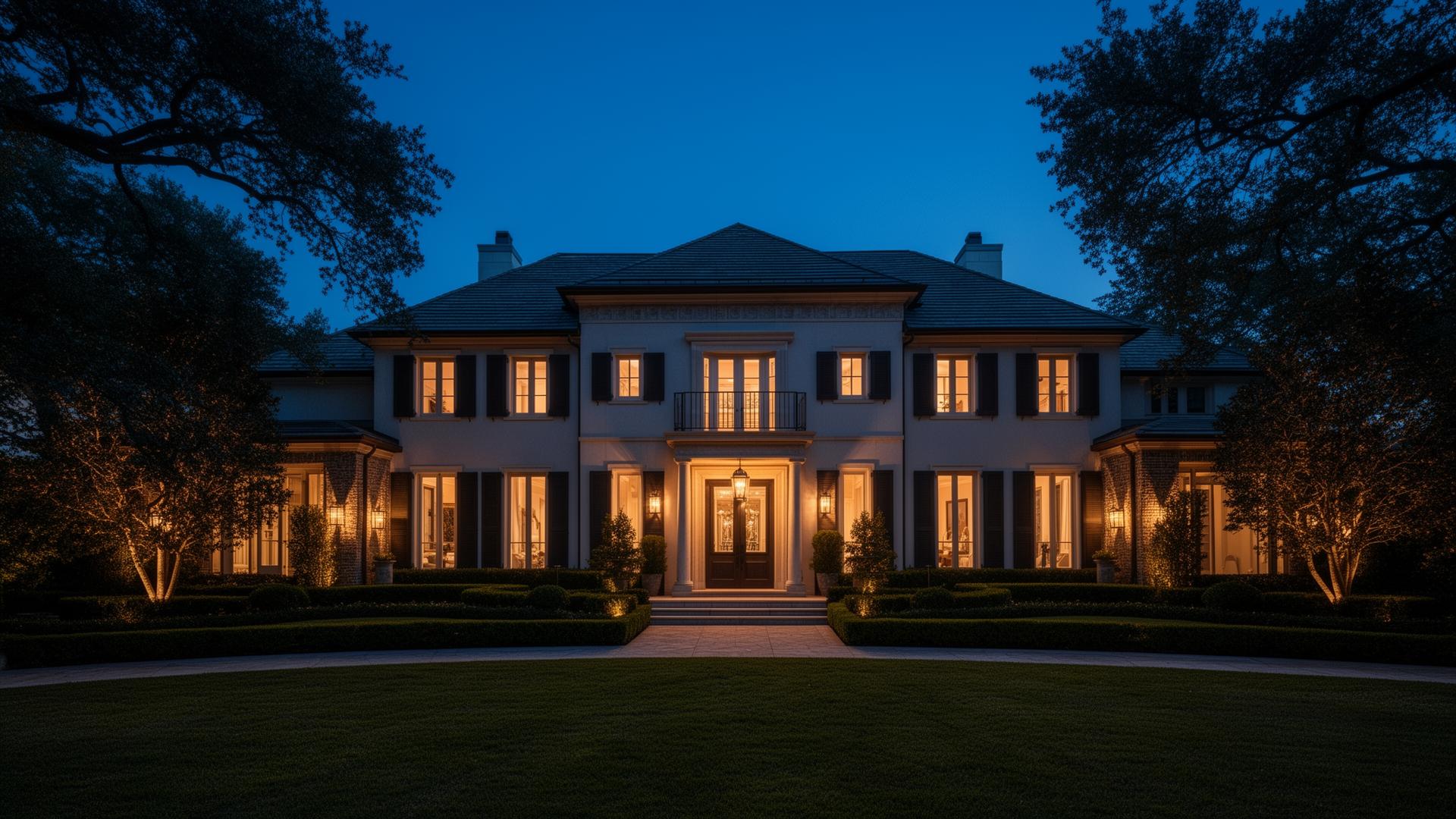 Luxury Highland Park Dallas estate exterior at twilight with warm interior lighting
