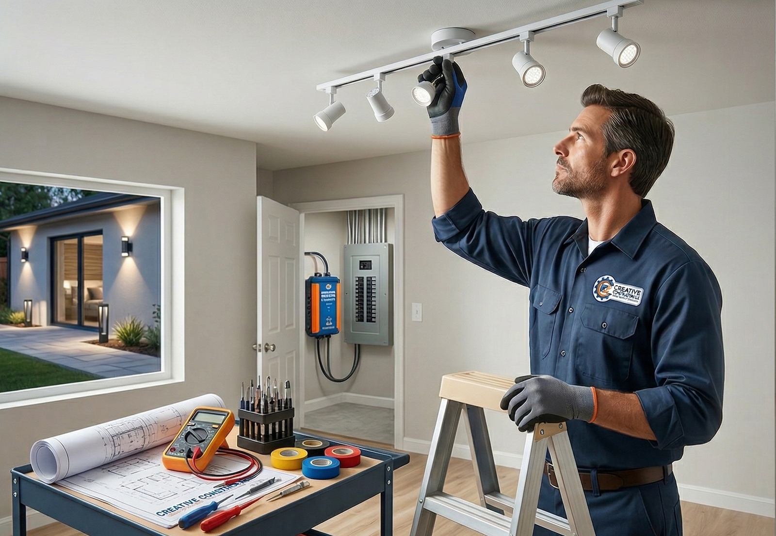 Creative Constructors technician installing professional lighting - quality work in action